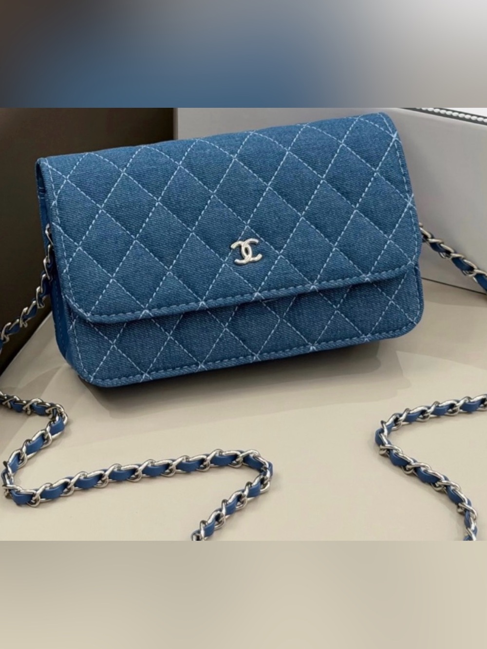 CHANEL Denim Quilted CC Wallet-On-Chain in Blue with Silver Hardware